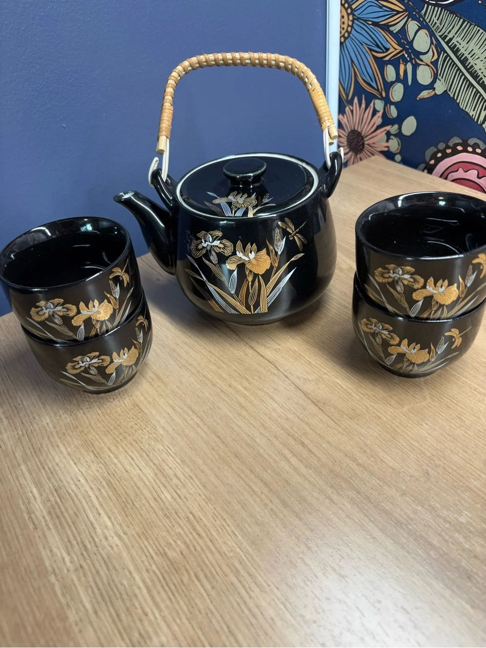 Vintage Japanese Black Iris Teapot Set Pot & 4 cups Otagiri Style